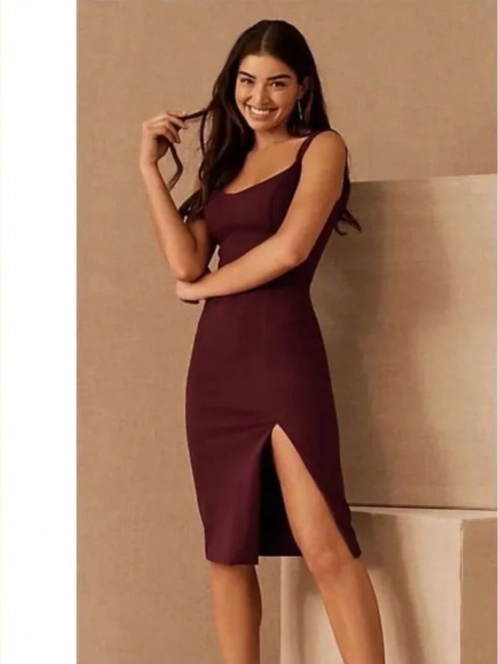 NWT Anthropologie Bhldn: Ana Crepe Burgundy Wine Sheath Midi Dress Size 4